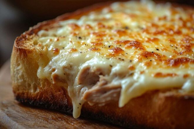 Image d'illustration. Détail d une couche de fromage dorée et fondue sur une tranche de pain grillé avec du thon