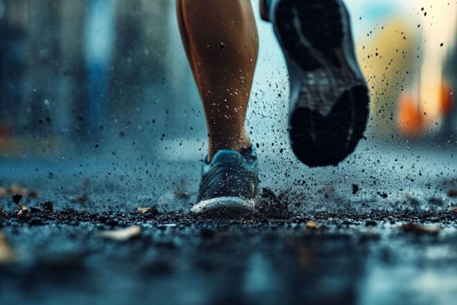 Image d'illustration. Gros plan du pied d un coureur frappant le sol pendant un marathon urbain
