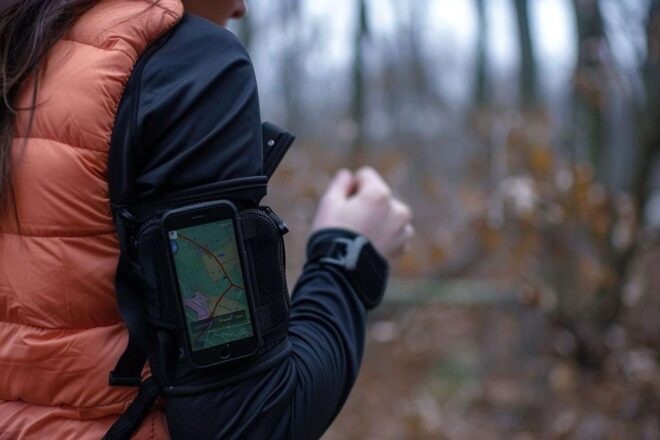 Image d'illustration. Joggeur avec smartphone sur le bras; application de tracking.