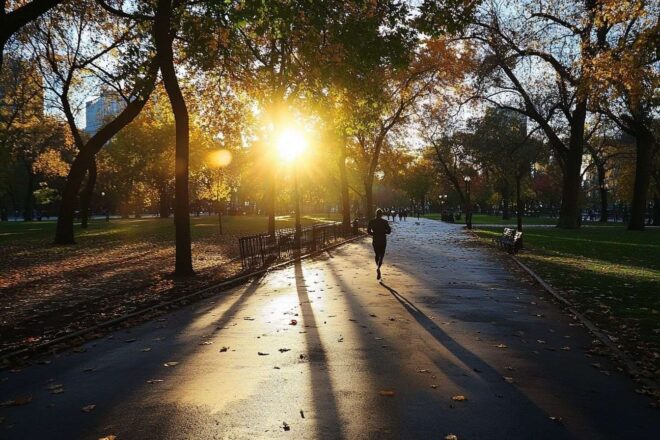 Image d'illustration. Lever du soleil sur un parc paisible avec coureur