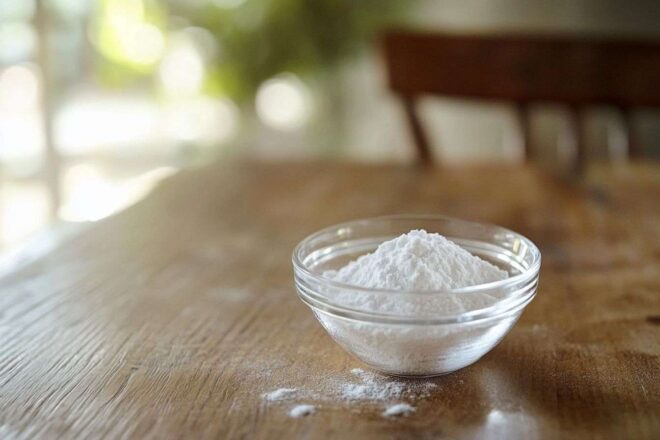 Image d'illustration. Substance blanche poudreuse dans un bol en verre sur une table de cuisine en bois