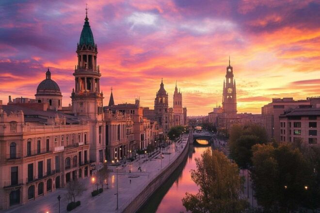Image d'illustration. Vue panoramique de bâtiments historiques à saragosse