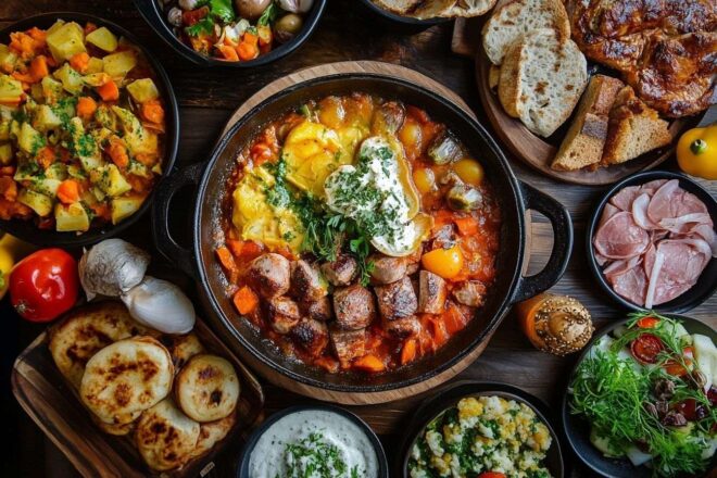 Image d'illustration. Vue aérienne du peka entouré de plats d accompagnement croates.