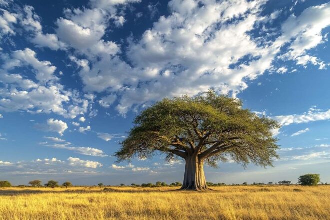 Image d'illustration. Vue grand angle d un majestueux baobab au botswana