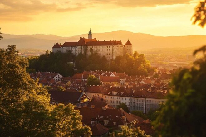 Un magnifique coucher de soleil illumine le château de Ljubljana et baigne la ville et les collines environnantes d'une lueur chaleureuse.