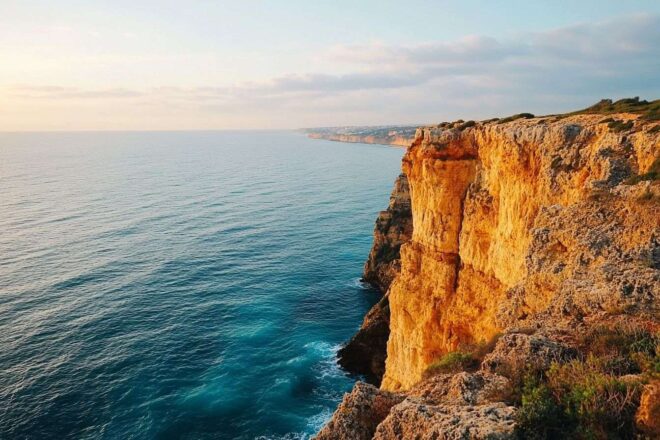 Falaises dorées surplombant l'océan Atlantique bleu vif en Algarve au Portugal, capturées pendant le coucher de soleil.