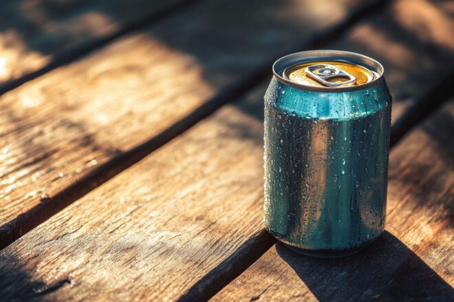 Image d'illustration. Gros plan d une canette de bière sur une table en bois rustique