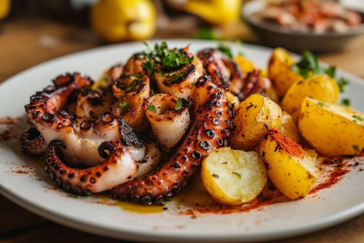 Tranches de poulpe grillé avec pommes de terre rôties et paprika
