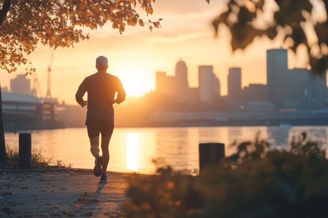 Un lever de soleil enchanteur sur la skyline de la ville, avec un individu solitaire qui fait son jogging le long du front de mer.