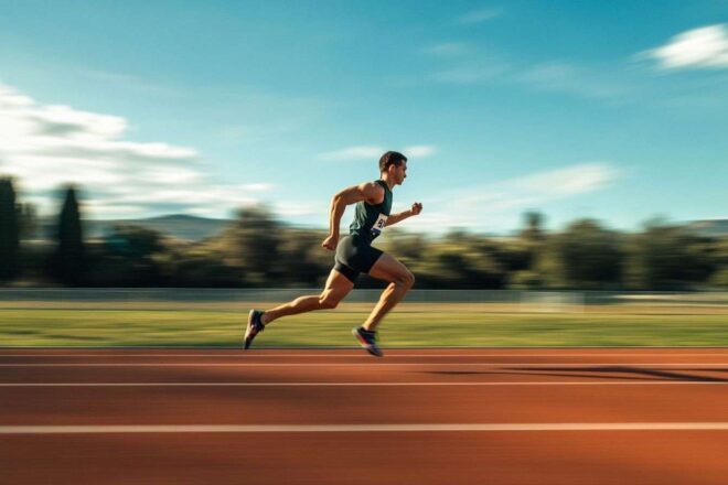 Une athlète en plein sprint sur une piste, illustrant la vitesse aérobie maximale et une détermination sans faille