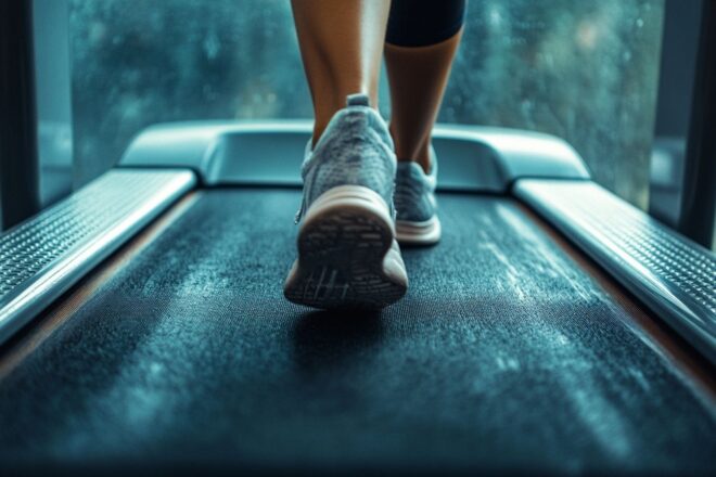 Vue aérienne de baskets sur un tapis roulant, capturant le voyage de l'exercice et la mémoire musculaire.