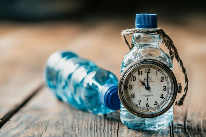 Une image capturant un chronomètre placé près d'une bouteille d'eau, symbolisant un engagement envers une routine de course quotidienne efficace.