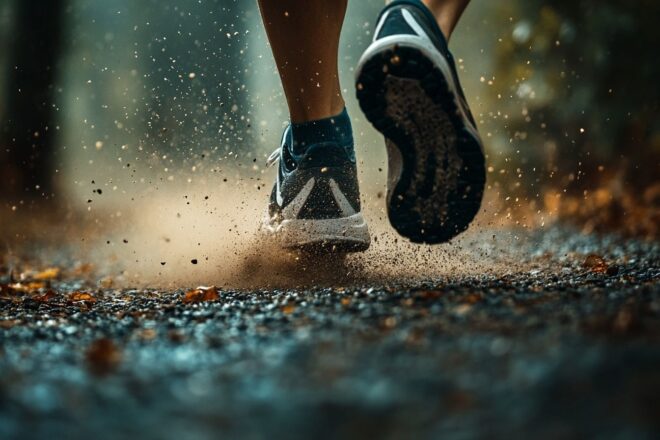 Gros plan de chaussures de course frappant un chemin de gravier, soulevant de la poussière à chaque pas déterminé.