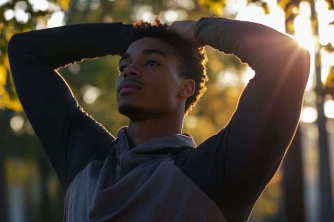 Un athlète effectuant des étirements dynamiques dans un cadre extérieur vibrant, avec une intensité croissante sous la lumière du matin.