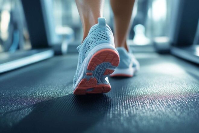 Un gros plan mettant en évidence les détails des chaussures de course sur un tapis roulant, capturant la texture du tissu et des semelles.