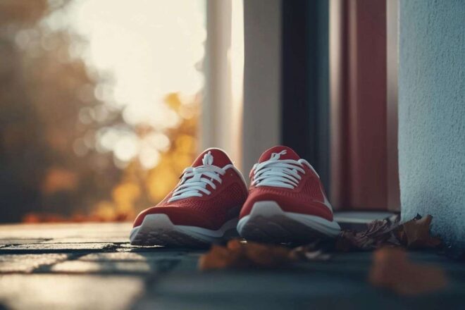 Un gros plan sur des chaussures de course soigneusement placées près de l'entrée, invitant à un moment de pause.