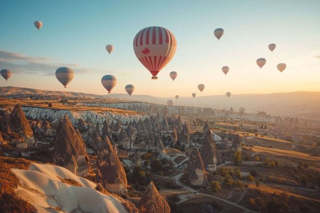 Des montgolfières flottant gracieusement au-dessus des formations rocheuses uniques de Cappadoce à l'aube.