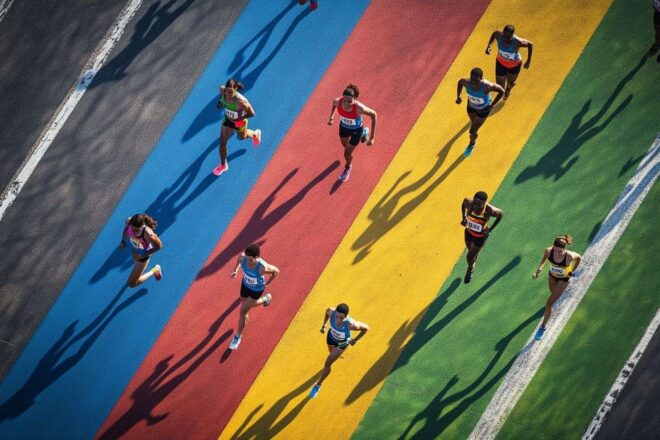 An aerial perspective showcasing athletes in motion, their colorful uniforms creating an eye-catching scene as they complete their circuits.