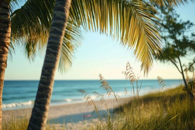 Les palmiers dansant doucement sous la brise tiède encadrent une scène de plage pittoresque en Floride.