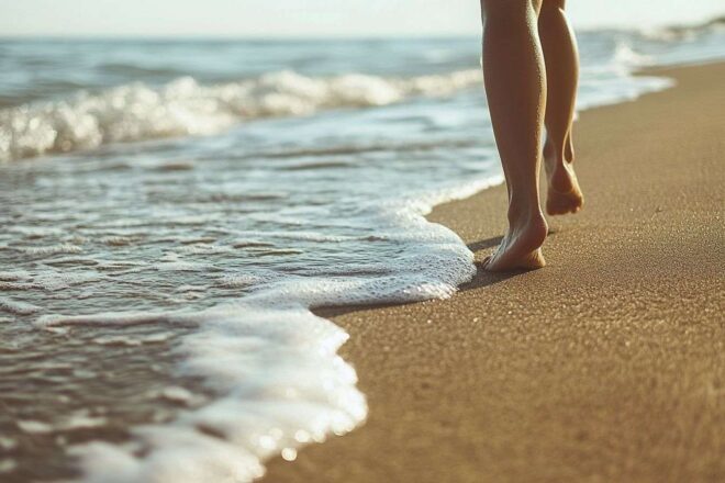 Vue latérale d'une personne marchant rapidement le long de la plage avec des vagues caressant doucement ses pieds.