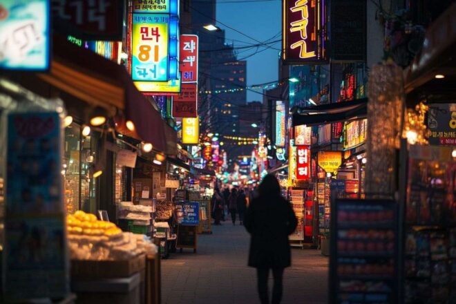 Une rue animée de Séoul remplie de boutiques colorées et d'enseignes néon illuminant la nuit.