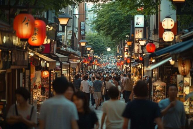 Une rue animée à Tokyo remplie de piétons et éclairée par des lanternes traditionnelles