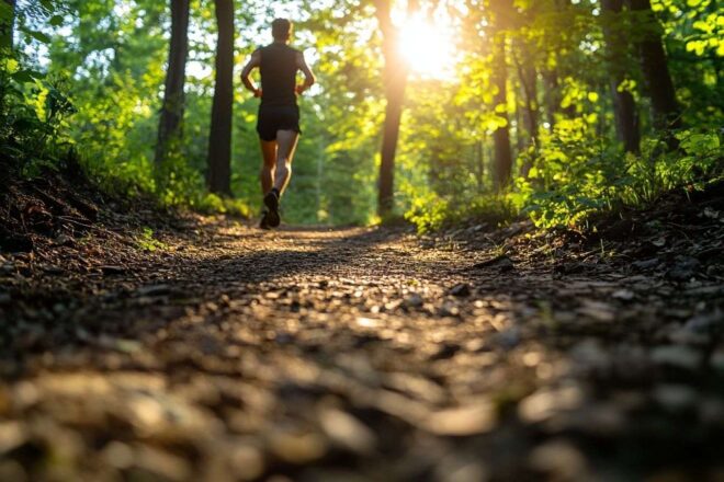 Un coureur sur un sentier de forêt luxuriante maintenant un rythme constant, soulignant l'importance d'une technique appropriée.
