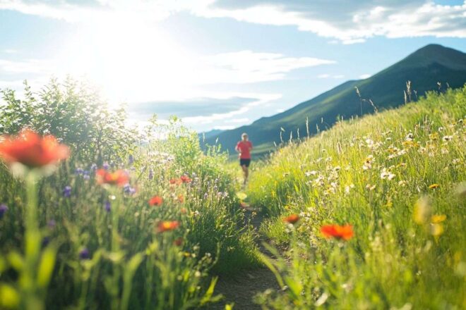 Un sentier de montagne captivant avec des fleurs sauvages colorées sous un soleil radieux, idéal pour les coureurs en quête d'aventure.