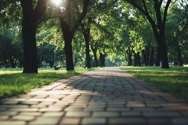 Vaste panorama d'un parc serein avec des chemins de promenade, soulignant les possibilités récréatives sur plusieurs kilomètres.