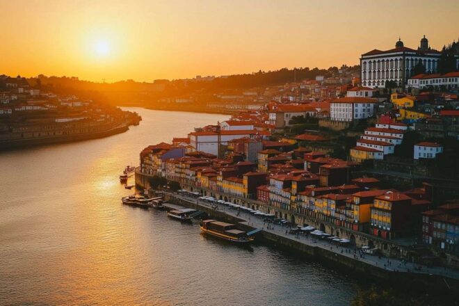 Vue panoramique sur le quartier coloré de Ribeira à Porto le long du fleuve Douro au coucher du soleil.