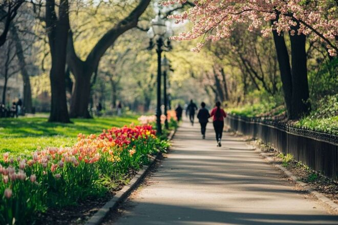 Vue panoramique d'un sentier de parc en ville, bordé de fleurs épanouies avec des joggeurs joyeux.