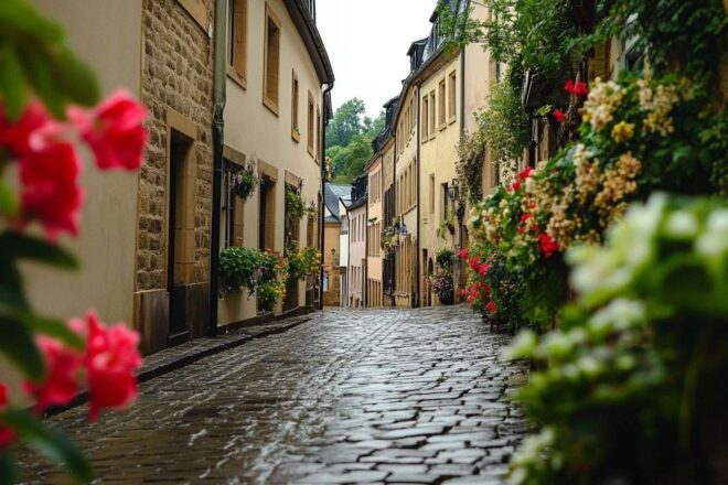 Vue panoramique sur le vieux centre historique de Luxembourg avec ses fleurs éclatantes et ses rues pavées.