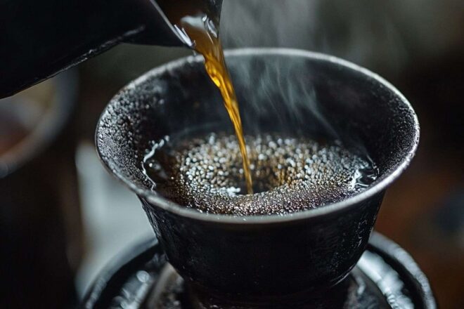 Café vietnamien passant à travers le filtre métallique