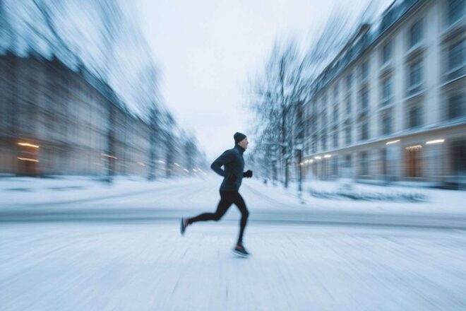 Coureur à toute vitesse dans les rues enneigées d oslo