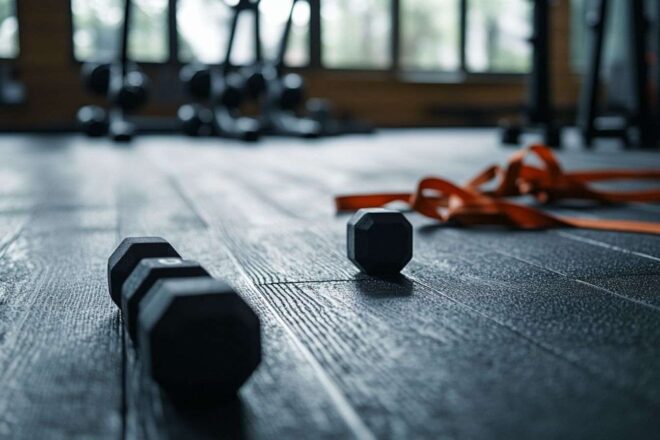 Gros plan d un sol de gymnase avec haltères et bandes de résistance
