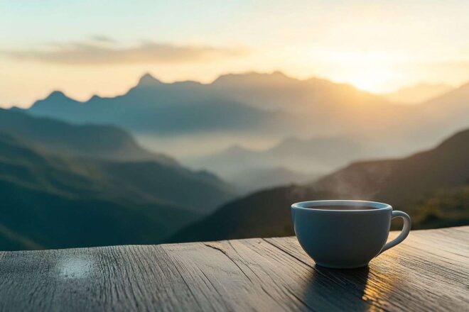 Tasse de café au lever du soleil