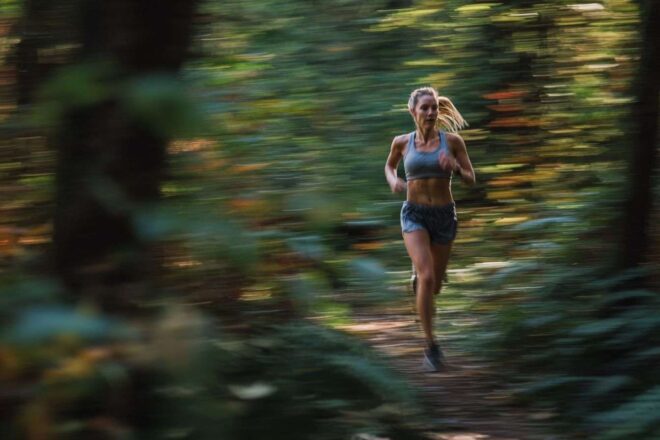 Coureur en rythme sur un sentier forestier pittoresque