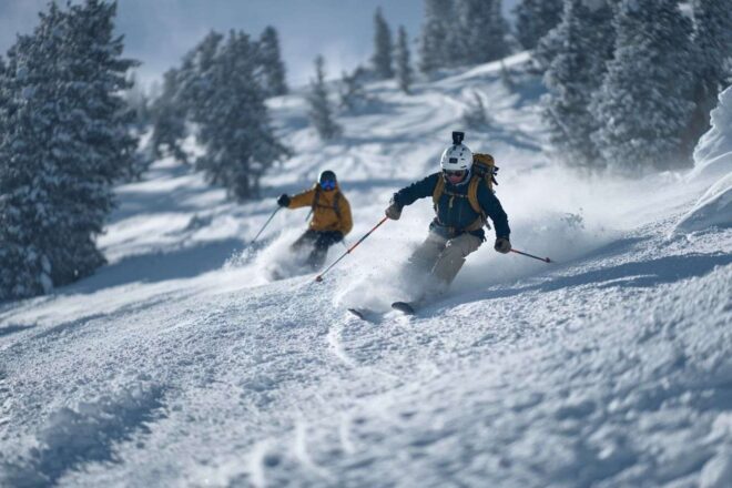 Skiers navigating winter scenery