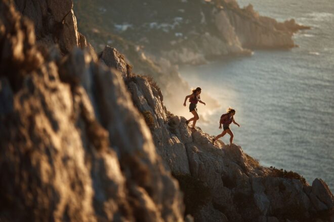 Jeunes coureurs sur sentier escaladant des falaises