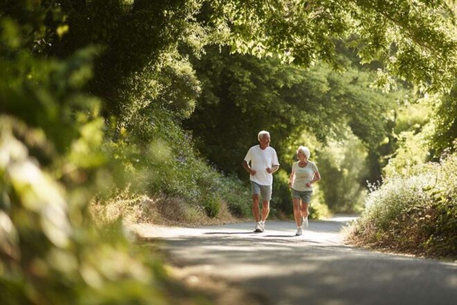 Seniors actifs courant au lever du soleil