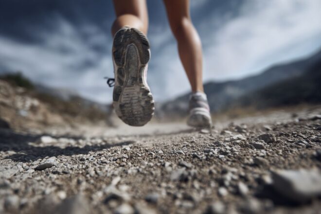 Gros plan des pieds de coureurs sur le sol