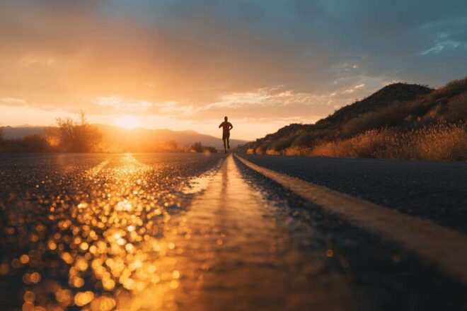 Route scénique au lever du soleil avec un coureur