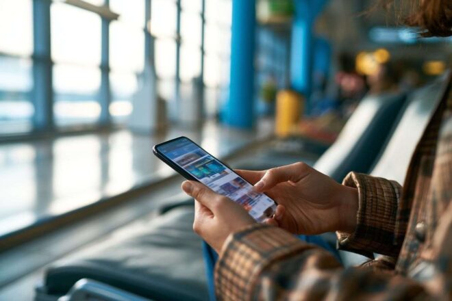 Voyageur utilisant un smartphone avec interface esim