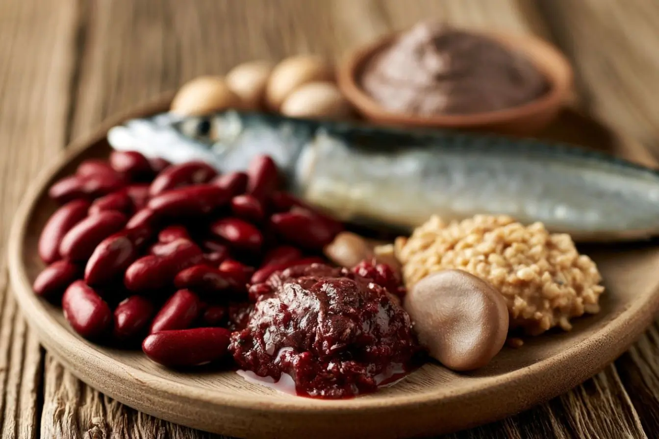 Une disposition élégante de haricots rouges, maquereau, foie et purée de noix posée sur un fond de table en bois.