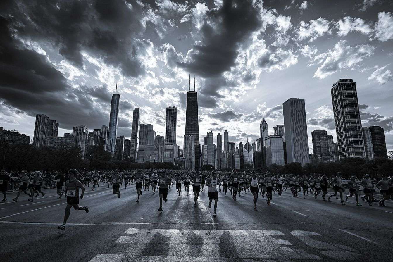 Image d'illustration. Coureurs franchissant la ligne d arrivée, skyline de chicago en arrière plan