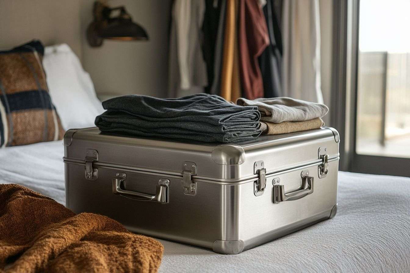 Image d'illustration. Élégante valise en acier sur un lit