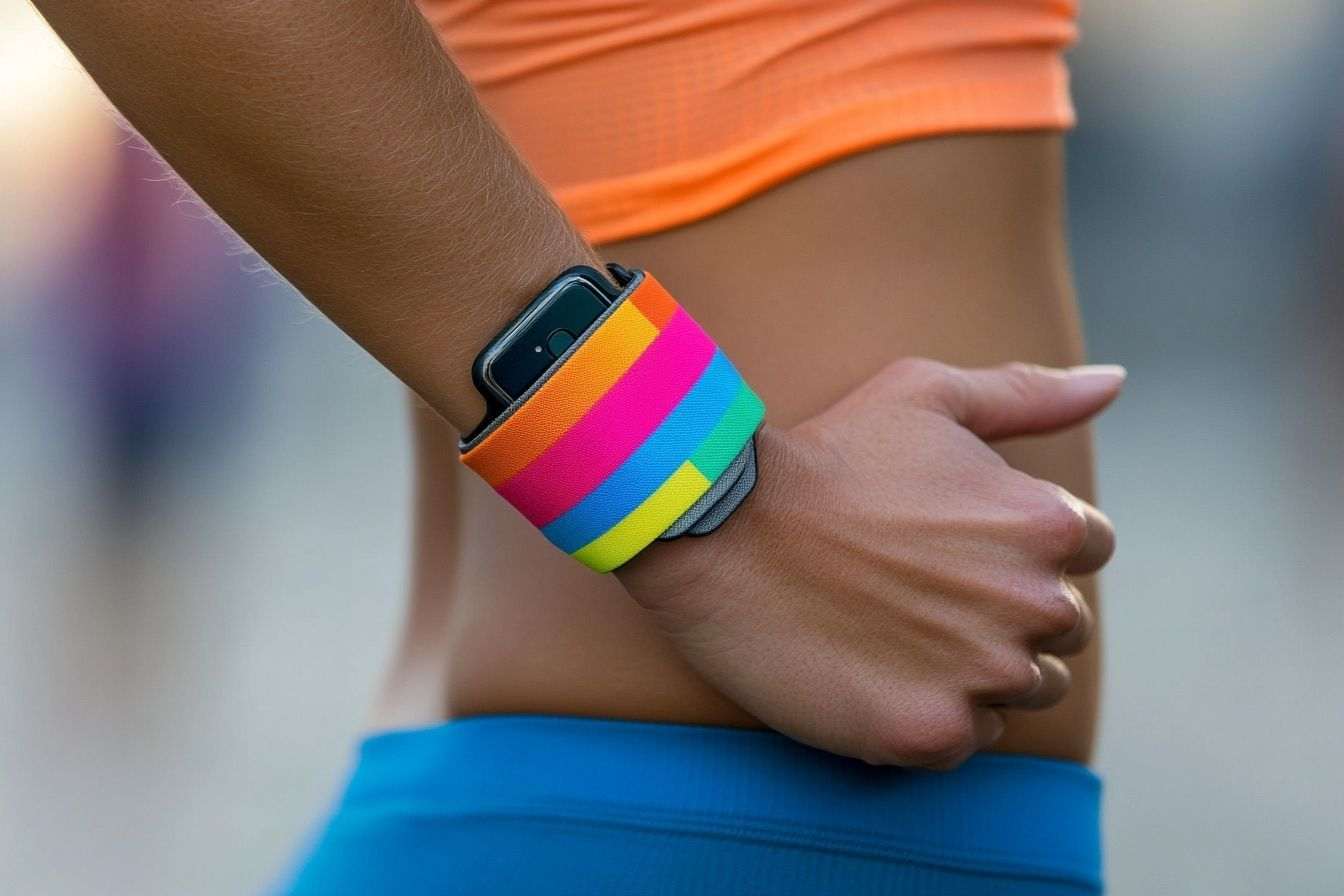 Image d'illustration. Premier plan du bras d un coureur avec un téléphone dans un brassard coloré