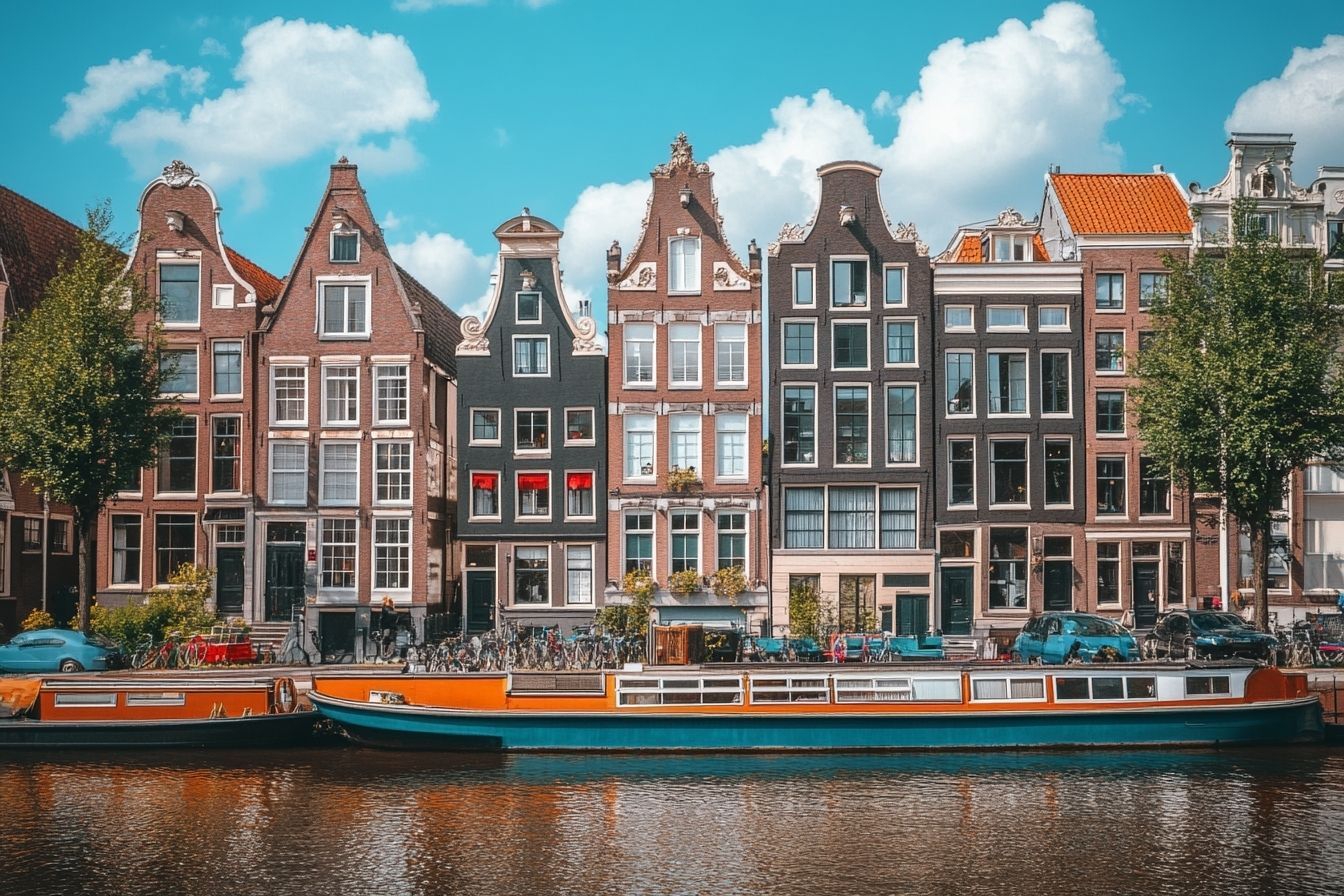 Image d'illustration. Maisons emblématiques aux toits à pignon le long du canal vibrant d amsterdam