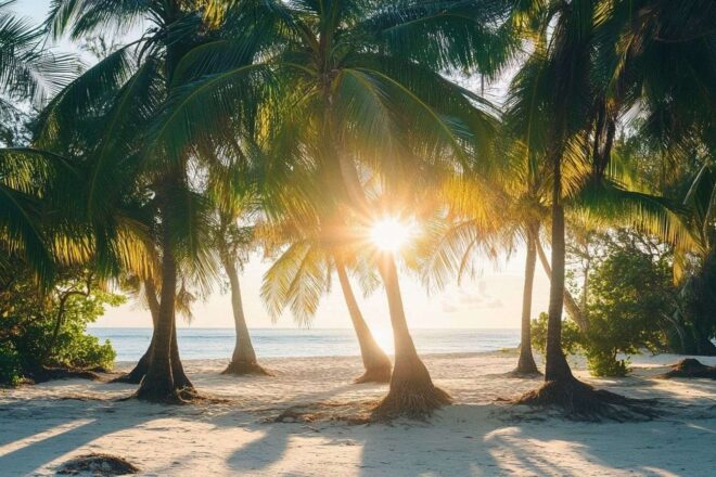 Image d'illustration. Soleil à travers les palmiers sur plage de sable