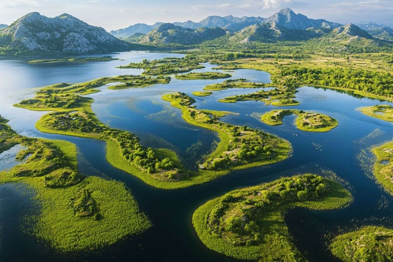 Image d'illustration. Vue aérienne des rives sinueuses et biodiversité du lac skadar